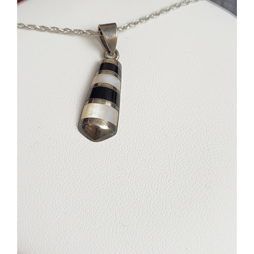 Signed PD Premier Designs Sterling Silver 925‎ Onyx Mother of Pearl Necklace